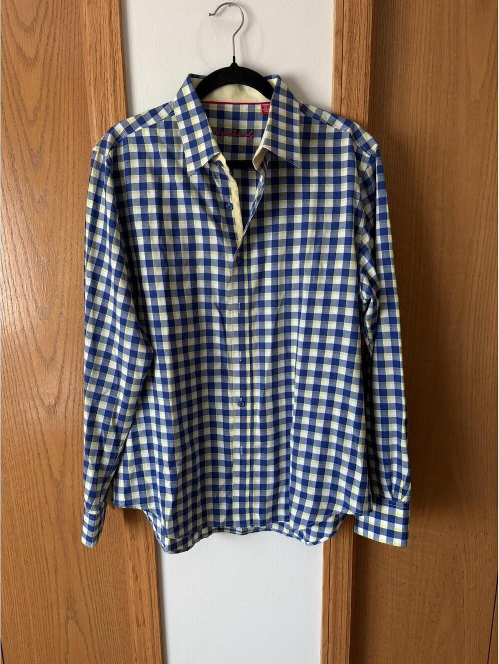 Justins Mens Tailored Fit Long Sleeve Button Check Plaid Blue Yellow XL